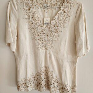 J. Jill Cream Floral Embroidered V-Neck Top
